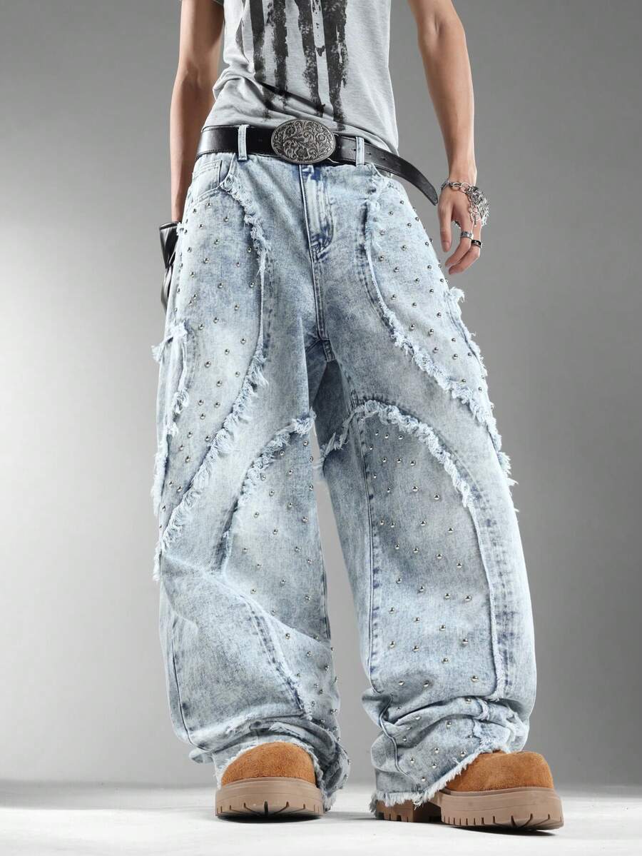 Men's Loose Wide Leg Denim Pants,Classic Washed Cat Whisker Design,Retro Nostalgic,Leisure Fashion (Belt & Accessories Not Included) - Blue - View 1
