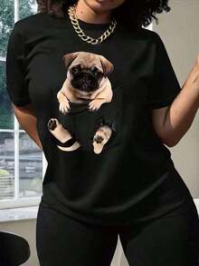 short-sleeve Camiseta negra con diseño de perro pug estampado, estilo casual moderno para mujer, ideal para amantes de los perros y para ocasiones informales, disponible en varias tallas, moda femenina,  en ropa de mascotas.100% Cotton - Negro - Ver 6