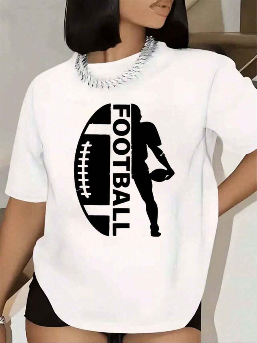 Camiseta Casual para Mujer, Estampado Gráfico de Jugador de Fútbol y Balón, Manga Corta, Cuello Redondo, Ropa Casual, 220g, 100% Algodón, Duradera - Blanco - Ver 1