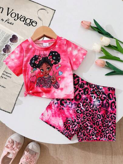 2pcs Baby Girls Casual Tie-Dye & Graphic Print Short Sleeve Lightweight Knit T-Shirt With Leopard Print Shorts, Spring/Summer