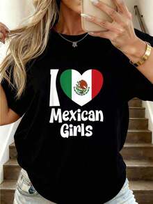Camiseta Amo a las Chicas Mexicanas con Corazón deéxico - Camisetas Gráficas Casuales de Moda para Mujeres - Tops de Camiseta para Uso Diario,Prendas callejeras de estilo fiesta y carnaval con blusas transpirables para uso diario y actividades. - Negro - Ver 7