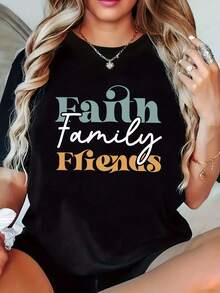One-Piece Winter Sports T-Shirt With Round Neck, Faith And Family Design, Casual Short Sleeve Top For Women, Elegant Winter Party Wear, Christmas Gift, Moisture-Wicking Casual Gym Wear. - 黑色 - 查看 11