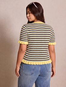 Plus Size Women's Summer Striped Patchwork Round Neck Metal Button Short Sleeve Knit Top, Paired With Cute Vintage Ruffle Decor, Suitable For Daily Dates And Photo Shoots. Striped Knit Top, Yellow Striped Knit Sweater, Summer Outfit, Multi-Color Striped Knit - Multicolor - View 3