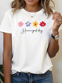 1 Piece Of Women's T-Shirt With Colorful Floral Print "Good Weather", Suitable For Daily Wear And Meeting With Friends, Cool Short Sleeve Style, Urban Style T-Shirt For Everyday Wear, 180g 100% Cotton. - 白色 - 查看 6