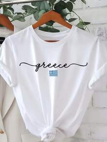Women's T-Shirt With Greek Letter Print - White, Casual, Short-Sleeved, Round Neck, Featuring The Greek Flag And Map Design, Breathable And Machine-Washable Fabric, Suitable For Spring And Summer Travel And Casual Wear, Suitable For All Seasons, Simple Design, Opaque Material, Lightweight Summer Clothing, A Must-Have For Your Holiday Wardrobe, Greek-Themed T-Shirt, Printed T-Shirt For Women, Geometric Pattern Top, Map Print T-Shirt, Breathable Fabric T-Shirt, Machine-Washable Top, Ideal For Women Who Love To Travel, European Travel Shoppers, 180g 100% Cotton. - 白色 - 查看 5