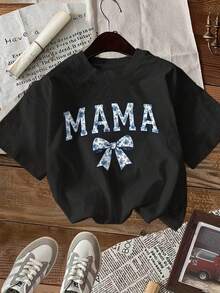 Camiseta Casual de Moda para Mujer, Primavera/Verano, con Estampado de Letras y Lazos Estilo Cartoon, Cuello Redondo, Manga Corta - Negro - Ver 2
