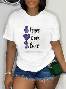 Camiseta de concientización sobre el Alzheimer para mujer - Estampado de corazón morado con símbolo de paz, tela semitranspirable, corte holgado, cuello redondo, manga corta, lavable a máquina, adecuada para todas las estaciones, camiseta casual, apoya la concientización sobre el Alzheimer y el uso diario. Camiseta de manga corta cómoda y versátil. - Blanco - Ver 12