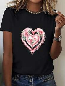 Ropa de mujer, camiseta holgada para damas - Blusa blanca suave, transpirable, cómoda y de buen ajuste, con estampados de corazones femeninos y motivos florales, decorada con rosas rosadas y hojas verdes - Una prenda casual imprescindible para la primavera y el verano, la camiseta tiene un diseño duradero de cuello redondo, creando una prenda de moda ligera y cómoda para mujeres. - Blanco - Ver 7