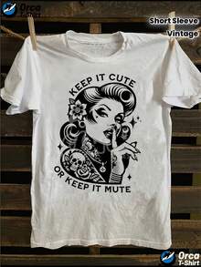 1 camiseta de estilo gótico punk vintage para mujer y unisex - camiseta blanca retro de los 80, estampada con motivos de rosas y belleza en la parte trasera, con el eslogan "Stay cute or stay silent", top de manga corta suave y transpirable, adecuada para el estilo punk, 180g 100% algodón. - Blanco - Ver 2