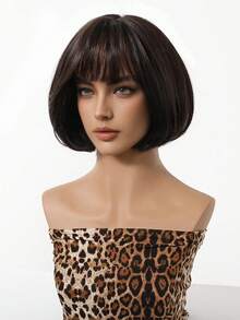 10 Inch Short Wavy Bob Wig With Bangs, Black Brown Color, Women's Straight Synthetic Fiber Wig, Heat Resistant For Daily, Office, Party, Halloween, Christmas, Thanksgiving, Wedding, Dance, Date, Birthday, Vacation. High-Quality Synthetic Fiber, Realistic Hair Texture, Natural And Comfortable, Suitable For Bangs And Short Bob Style. - Brown - View 4