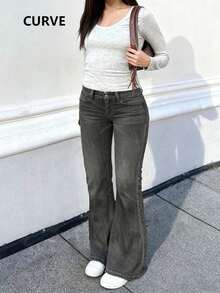 Women's Plus Size Flare Leg Jeans Long Denim With Pockets Button Zipper And High Stretch - Dark Grey - View 3
