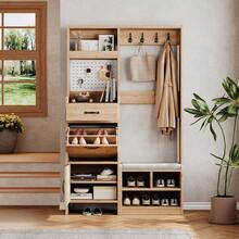 Garderoben-set, Wandgarderobe, Flurgarderobe Set mit Schuhbank, Garderoben Set mit 4 Kleiderhaken, 1 Schubladen und 2 Türen - Natur + Weiß + Spanplatte-1 - Übersicht 1