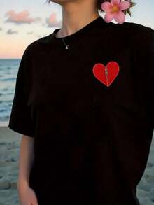 Printed T-Shirt With Designs On The Front And Back, Heart-Shaped Zipper Closure, Valentine's Day Gift Design, Round Neck, Short Sleeves,  And Casual Style, Double-Sided Printed Top For Women. Elegant Party Outfit, T-Shirt For Stylish Ladies, Blouses Suitable For Curvy Women, Prom Skirts, Casual Wear - 黑色 - 查看 4