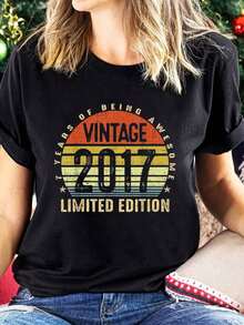1 Piece Of Limited Edition Summer 2017 Vintage Top, Casual Short Sleeve Round Neck Top For Summer And Spring, Women's Clothing, 180g 100% Cotton. - 黑色 - 查看 7