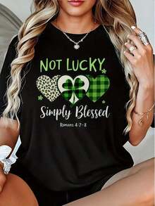 Women's Unhappy, Simple Happiness Pattern T-Shirt - Slim Fit Crew Neck, Short Sleeve Top Features Four Leaf Clover And Leopard Print Heart Designs, Perfect For St. Patrick's Day Casual Wear, Spring And Summer Outdoor Activities, Holiday Outfits And Festive Designs - Vintage Street Style Unisex Loose Cotton Short Sleeve Crew Neck T-Shirt 100% Pure Cotton - 黑色 - 查看 1