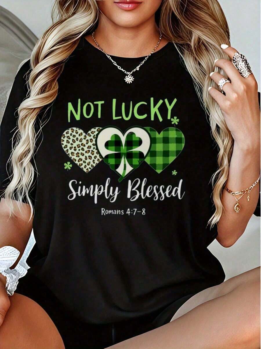Women's Unhappy, Simple Happiness Pattern T-Shirt - Slim Fit Crew Neck, Short Sleeve Top Features Four Leaf Clover And Leopard Print Heart Designs, Perfect For St. Patrick's Day Casual Wear, Spring And Summer Outdoor Activities, Holiday Outfits And Festive Designs - Vintage Street Style Unisex Loose Cotton Short Sleeve Crew Neck T-Shirt 100% Pure Cotton - 黑色 - 查看 1