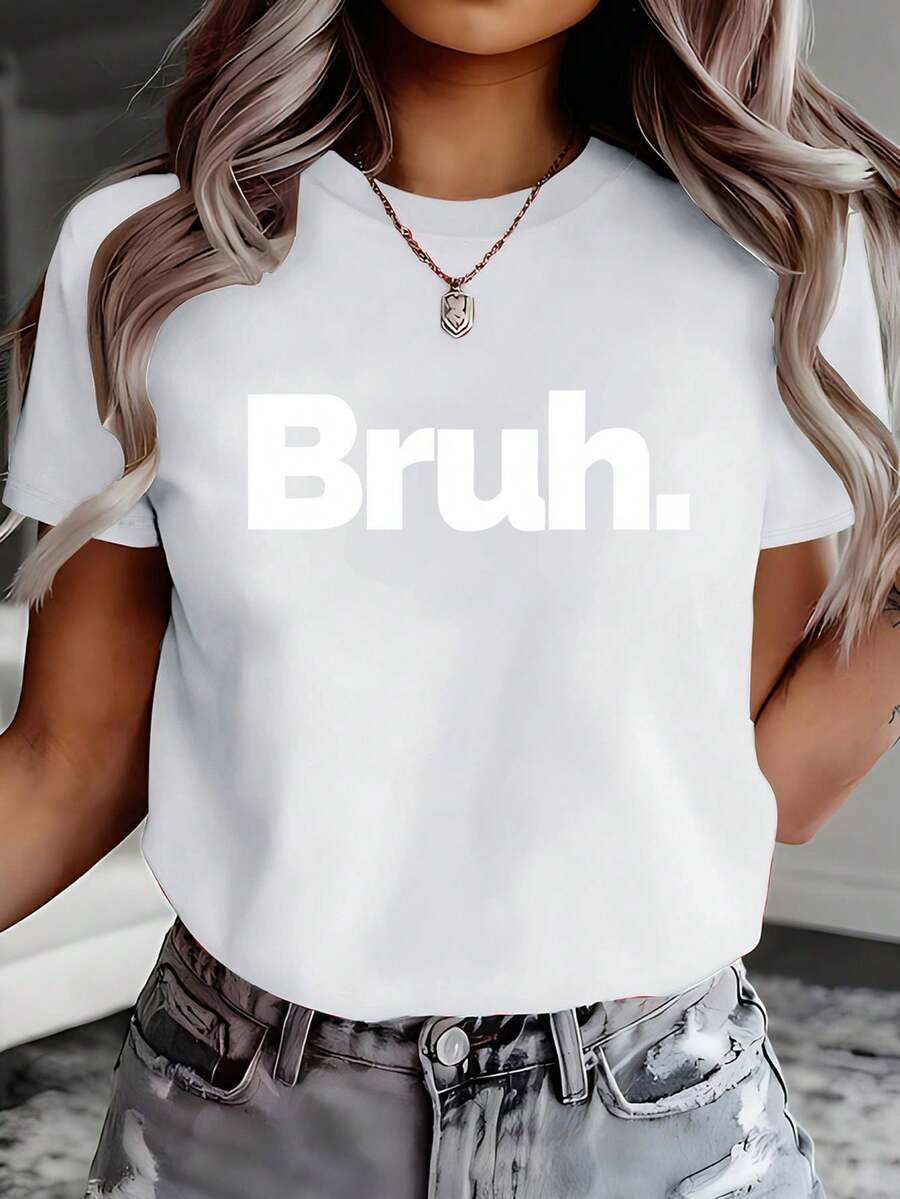 The Black Background With White Text Reads "Bruh." The Text Conveys A Sense Of Powerlessness And Silence. This Simple And Straightforward Printed Sweatshirt Is A Casual Crew Neck Sweatshirt For Spring/Summer, A Short-Sleeved T-Shirt, And Also A Comfortable Garment For Women. - White - View 1