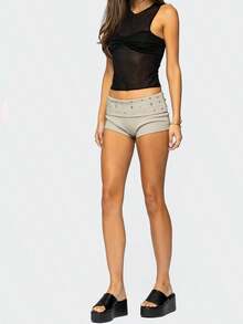 Women Fold Over Waist Shorts Stylish Rivet Studded Low Rise Slim Fit Mini Shorts for Beach Daily Wear - Beis - Ver 6