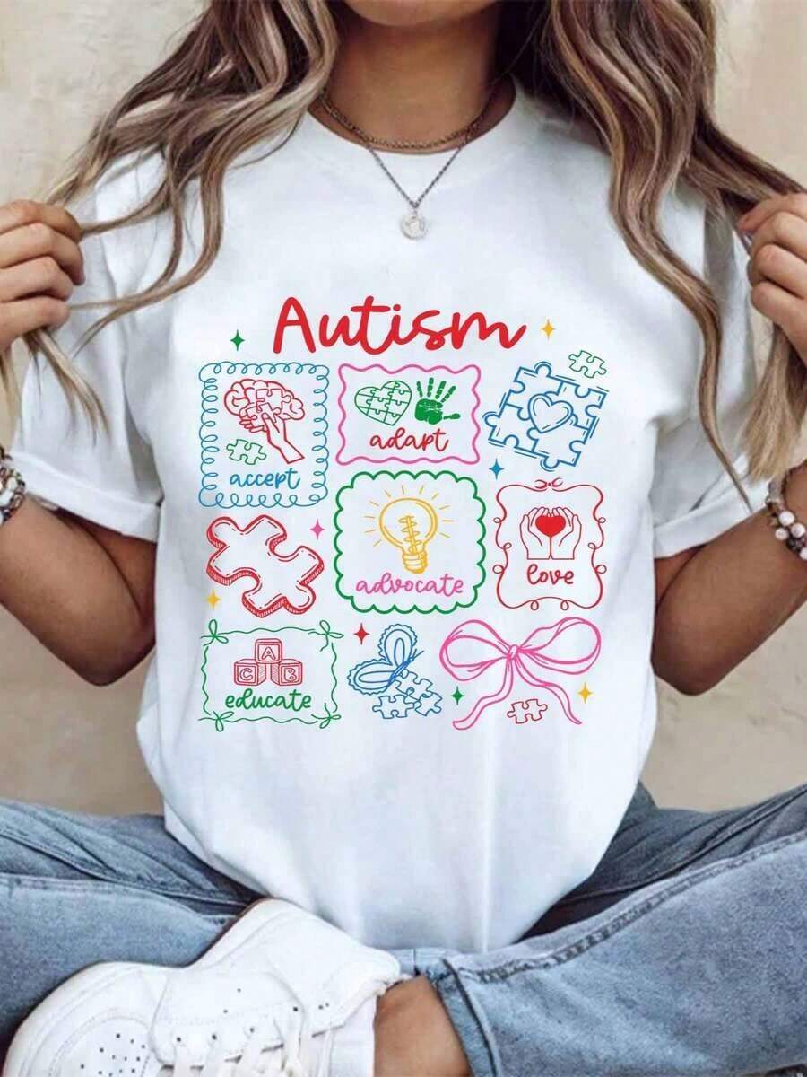 Women's Cotton T-Shirts For Autism Awareness Featuring Colorful Puzzle Pieces And Inspirational Words: Accept, Adapt, Advocate, Love, Educate. Perfect For Autism Awareness Month Or Everyday Wear, These Basic Women's Tops Support And Promote Autism Awareness. - 白色 - 查看 1