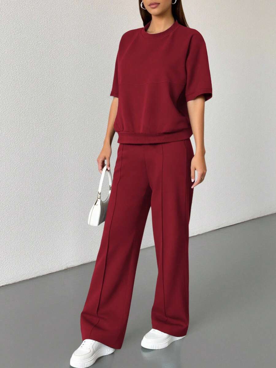 Damen lässig Einfarbiges 2 Stücke Set, modisches Outfit mit Kurzarmoberteil und Hose, geeignet für Lehrer, Büro, Zuhause, Straße, Frühling/Sommer, Abschluss, Schulanfang, Ins-Stil, neue elegante Frühlings-/Sommerkollektion - Bordeaux - Übersicht 1