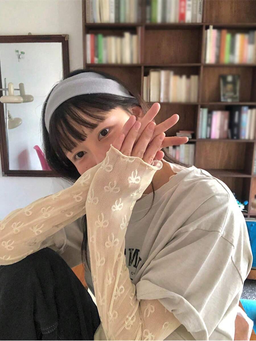 韓系Ins可愛系蝴蝶結網紗層疊長袖T恤內搭衫休閒款 - 杏色 - 查看 1