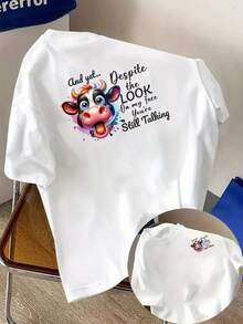 New Men's T-Shirt, 180g Weight, % Cotton, With A Cow Expression Print And Humorous Text On The Front And Back, A Modern Short-Sleeved T-Shirt, Suitable For Everyday Casual Wear And Outdoor Fitness Activities, With A Unique Double-Sided Pattern Design - To Be Layered In Spring And Autumn And Worn Alone In Summer, Unisex Style. - 白色 - 查看 1