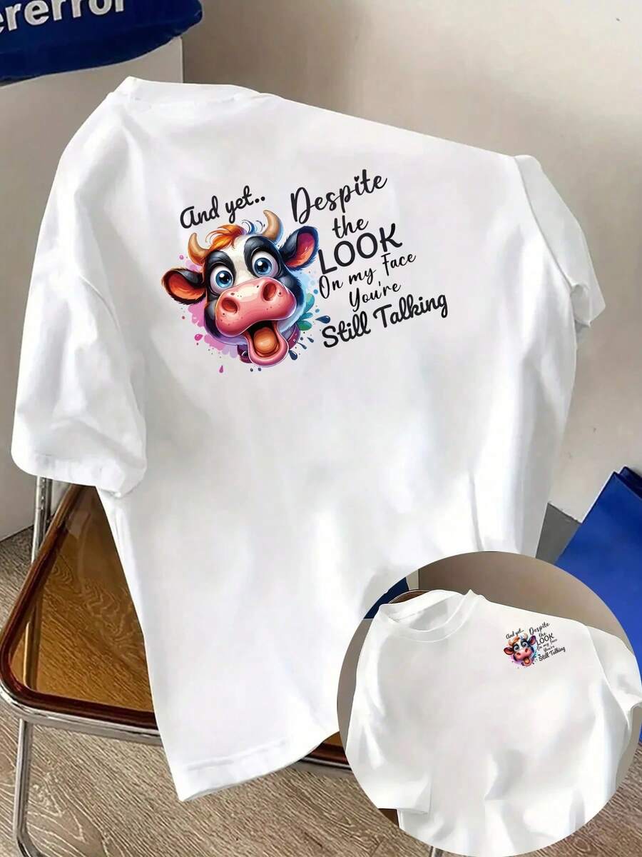 New Men's T-Shirt, 180g Weight, % Cotton, With A Cow Expression Print And Humorous Text On The Front And Back, A Modern Short-Sleeved T-Shirt, Suitable For Everyday Casual Wear And Outdoor Fitness Activities, With A Unique Double-Sided Pattern Design - To Be Layered In Spring And Autumn And Worn Alone In Summer, Unisex Style. - 白色 - 查看 1