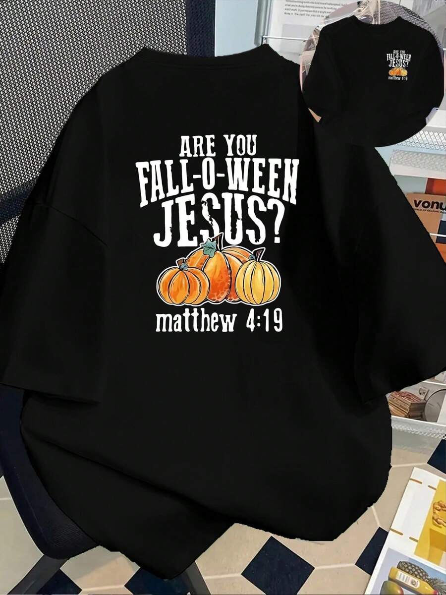 New 180g Heavyweight Short-Sleeved T-Shirt, % Cotton, With Front And Back Prints - Halloween Jesus, Thanksgiving Theme - Fashionable Printed T-Shirt For Women, Spring/Summer, Fashionable Item, Versatile And Casual - Suitable For Layering In Spring And Autumn, Or As A Summer Top, Unisex. - 黑色 - 查看 1