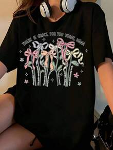 There Is Grace For You Today, Inspirational Quote T-Shirt For Mom, Floral Design With Bow, Soft Cotton Casual Top For Women, Mother's Day Gift - 黑色 - 查看 1