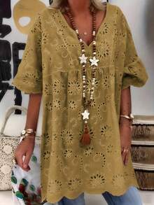Solid Color Hollow Out Semi-Transparent Vacation French V-Neck Lace Cover Up Women Comfortable Plus Size Short Sleeve Cover-Up, Regular Fit V-Neck Embroidery Tulle Top - Khaki - View 10