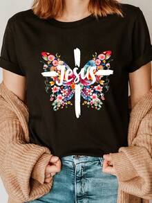 Women's T-Shirt With Butterfly Floral Print, Short Sleeve, Round Neck, Casual Style, Suitable For Comfortable Everyday Wear In Spring And Summer. | Clothing With Religious Motifs | Short-Sleeved Cotton T-Shirt With A Round Neck, Urban Vintage Style, Unisex And Loose Fit. - 黑色 - 查看 7
