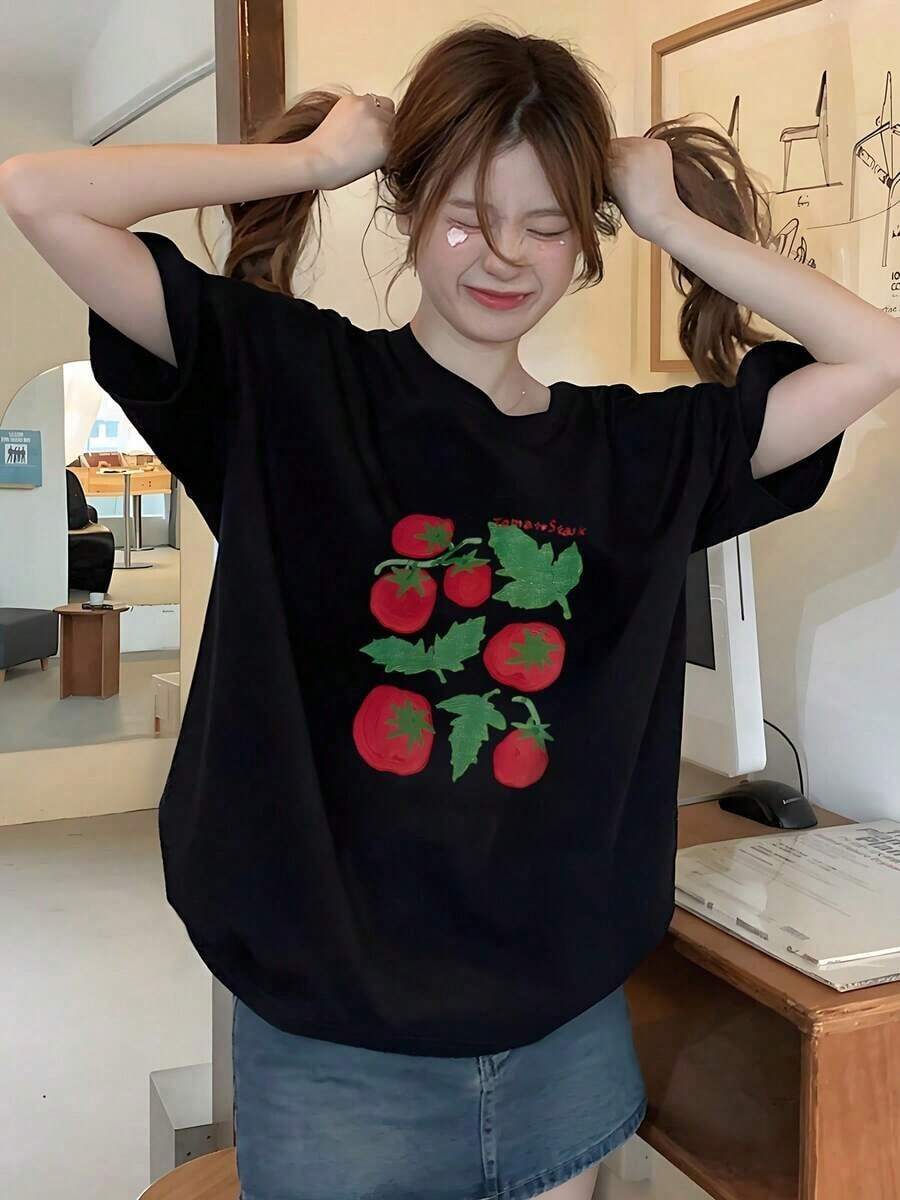 Women's Cotton T-Shirt, Round Neck, Casual. Short-Sleeved Summer T-Shirt For Women With A Tomato Print, Versatile, Loose Fit, Round Neck, Y2K Style. Simple T-Shirt For Everyday Wear. - 黑色 - 查看 1