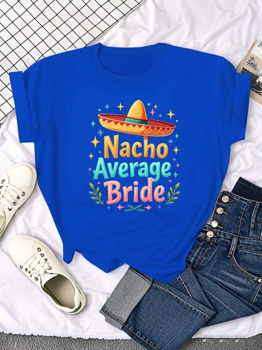 Women's Mexican Themed T-Shirt "Extraordinary Bride" - Casual Short Sleeve Solid Color Top With Sombrero And Tortilla Print, Bridesmaid Outfit For Wedding Party, Funny T-Shirt With Spanish Phrases For Theme Party, Women's Blouses - 藍色 - 查看 1