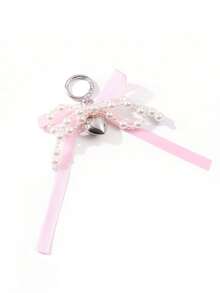 1pc French Elegant Pearl Ribbon Keychain, Dual-Color Satin Bow Design, Pearl Bow + Heart Pendant, Versatile Bag Accessory - Multicolor - View 7
