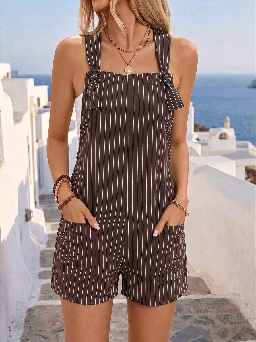 Linen Blend Women's Solid Color Dual Pocket Twist Knot Romper - Marrón 2 - Ver 1
