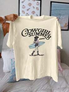 Camiseta de Mezclilla para Mujer con Diseño Simple y Versátil, Estampada, de Manga Corta y Cuello Redondo, Ideal para Primavera y Verano, Ropa de Mujer, Camiseta de Algodón - Multicolor - Ver 1