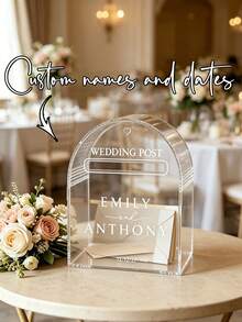 1pc Personalized Acrylic Wedding Card Holder, Equipped With A Customizable Name Storage Area. This Wooden Wedding Card Holder Will Be A Beautiful Decorative Item In Your Wedding Decoration. It Can Perfectly Match Your Rural, Classical Or Bohemian Wedding Style. - Beige - View 5
