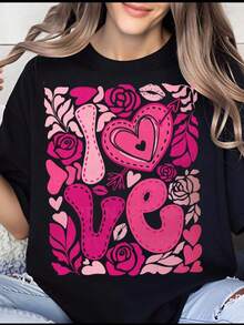 Women's T-Shirt, Floral Heart And Rose Design, Valentine's Day T-Shirt, Romantic Gift For Women, Pink And Black Crew Neck T-Shirt - 黑色 - 查看 1