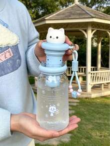 Cute Animal Plastic Water Cup With Tea Strainer & Lanyard, Pink/Blue Cat, Adorable Puppy 4 Styles, Built-In 3D Figurine Lid, Tea Strainer & Beaded Lanyard, Suitable For Students, Commuting, Short Trips, Transparent Cup Body With Adorable Printed Design, Great For Fruit Tea - Multicolor - View 4