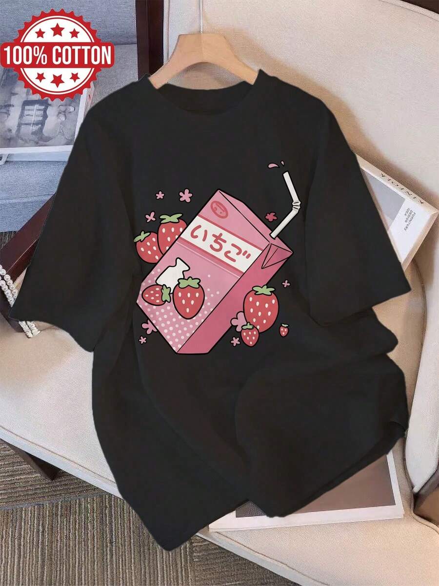 Women's Summer Clothes, Casual Blouses For Women, Cute Style, Strawberry Milk Carton Print, Short Sleeve, Round Neck, Pure Cotton T-Shirt [LangK] Women's Blouses - 黑色 - 查看 1