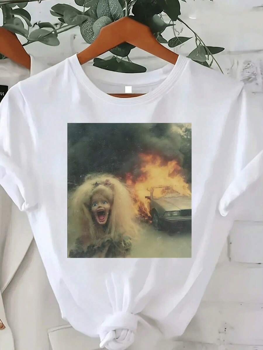 Women's Loose-Fitting Short-Sleeved T-Shirt With "Back To The Future" And Louis Print, Breathable Round Neck, Suitable For Spring And Summer, Machine Washable, Versatile For Everyday And Party Wear, Natural Style Design, Comfortable Fabric, Sporty And Casual. - 白色 - 查看 1