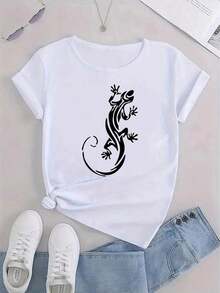 Soft 100% Cotton T-Shirt, 1 Piece, Minimalist Design For Women, 100% Cotton, Soft And Skin-Friendly, Versatile Casual Style, Round Neck, Short Sleeve, Lizard Print, Casual Sports T-Shirt For Women, Round Neck, Short Sleeve, Comfortable Top For Summer, Winter Clothing For Women - Breathable Cotton Clothing For Everyday Wear In Summer, Matches Everything. - 白色 - 查看 2