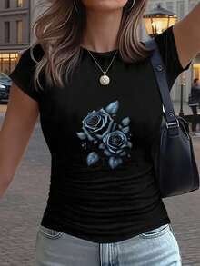 Short-Sleeved T-Shirt With Round Neck And Fitted Cut, Solid Color, With Pleated Detail At The Waist, Y2K Style, Elegant And Romantic Design With Blue Rose Bouquet Print And Artistic Lettering, Suitable For The Spring, Summer, Autumn And Winter Seasons. - White - View 8