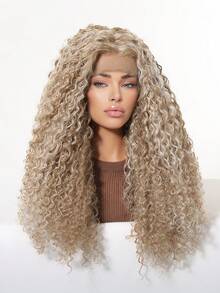 Tóc giả nữ 13x4 Lace Front 22 inch màu vàng tro highlight, tóc dài xoăn, sợi mềm chân thực chịu nhiệt, nhẹ thoáng khí, chống rối, thân thiện với da, phong cách thanh lịch cho đi làm văn phòng, tiệc tùng, sinh nhật, Giáng sinh, Halloween, quà tặng lễ hội - Làm nổi bật tóc vàng - Xem 4