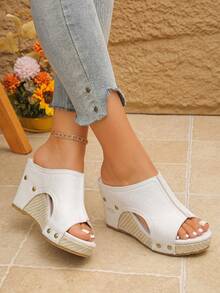 Women's Geometric Platform Wedge Sandals - Summer Peep Toe Thick Sole Slide Mules, Comfortable Sporty Wedge Heels For Beach Vacation - 320 Trắng - Xem 2