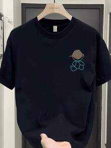 New Summer 2026 Pure Cotton T-Shirt, Men's Brand Print Short Sleeve T-Shirt, Versatile Pure Cotton Korean And Japanese Style T-Shirt For Men - Short Sleeve Cotton Crew Neck T-Shirt, Urban Vintage Style, Unisex, Loose Fit, Casual, Versatile And Comfortable. - 黑色 - 查看 2