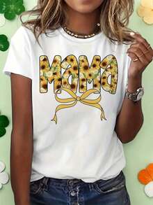1 Piece Fashion Casual T-Shirt For Men And Women, Printed T-Shirt For Mother's Day With The Letter 'MAMA' And Sunflower, Yellow Bow And Letters 'MAMA' - Casual Short Sleeve Blouse With Round Neck - Compatible Top | Floral "Mom Life" T-Shirt Suitable For Summer Casual Outfits, Machine Washable, Versatile Gift Garment, Easy To Match, For Daily Wear, Urban Style, Holiday Wear, Weekend Wear. - 白色的 - 查看 7