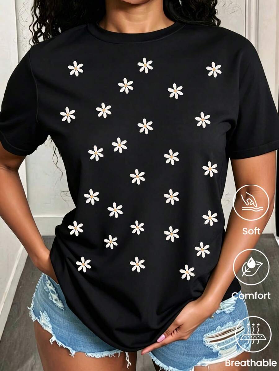 180g Made In Mexico, Spring/Summer 2026 Fashion Short Sleeve T-Shirt, Cartoon Print, Couple Style, Underwear/Outerwear, Casual Round Neck For Office, Unisex One Piece Top - 黑色 - 查看 1