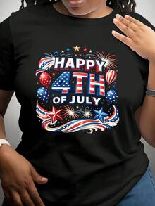 Women's Casual Sports T-Shirt With Patriotic Happy 4th Of July Design - Black Elastic Round Neck T-Shirt, Machine Washable, Comfortable Fit For All Seasons, For Celebrations And Leisure. - 黑色 - 查看 6