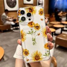 1 unidad Patrón floral de margaritas amarillas Funda para iPhone 14, protección anticaída con airbag reforzado en las cuatro esquinas, tarjetero invisible integrado en la parte trasera, compatible para tarjeta personal, carnet de conducir, tarjeta de acceso y tarjeta de transporte, funda protectora antigolpes portátil con ranura para tarjetas, diseño sencillo y elegante, ideal para uso diario, desplazamientos y viajes - transparente - Ver 1